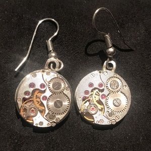 Steampunk clock silver earrings